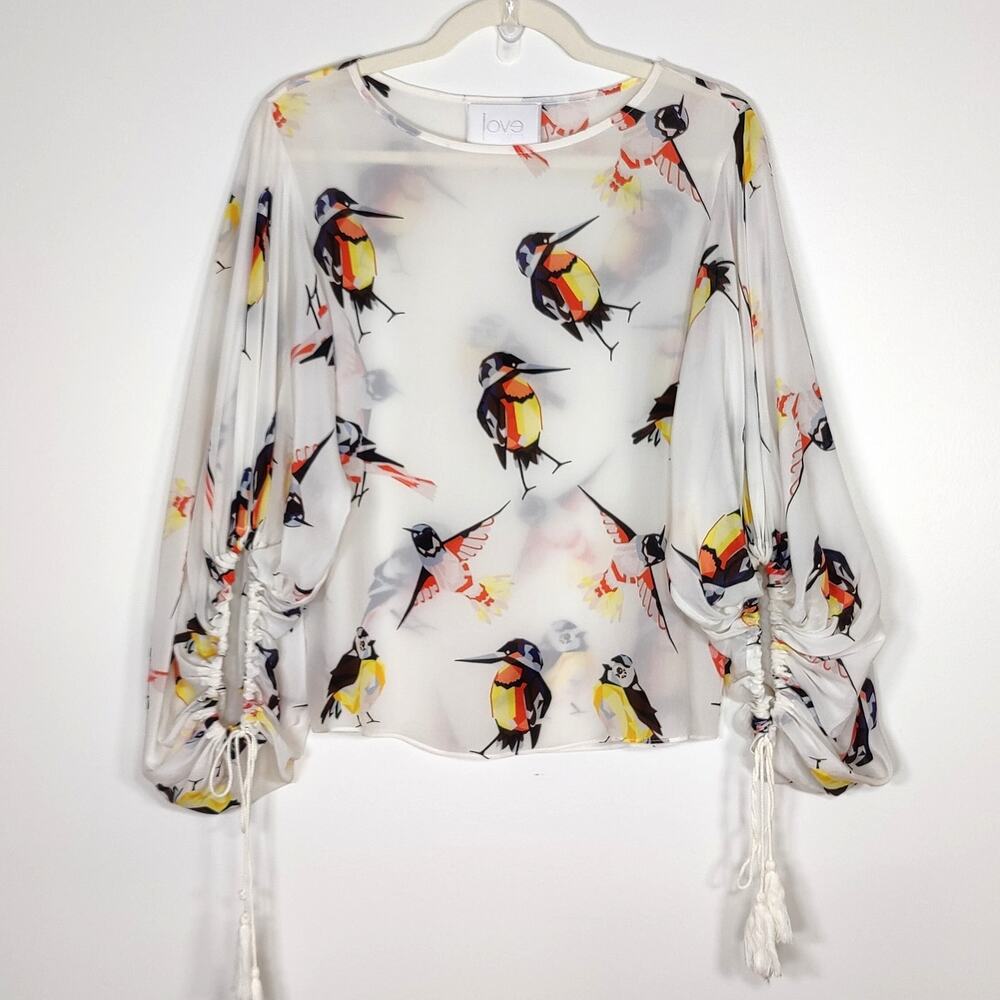 Love Binetti Silk Bird‎ Print Blouse XS Sheer Balloon Sleeve Artsy Luxe